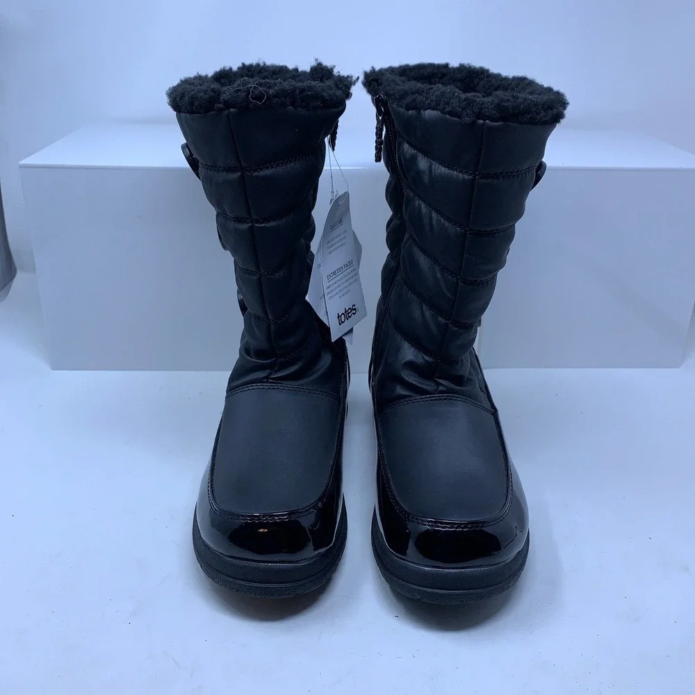 Totes Girls Size 4 Black Pink Dana Thermolite Faux Fur Quilted Winter Boots NWT